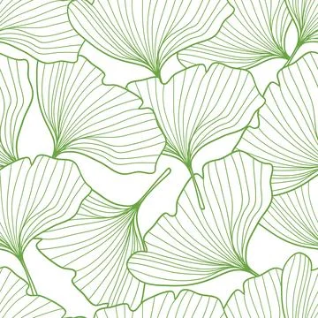 Seamless pattern hand-drawn green line art ginkgo leaf on white background Stock Illustration