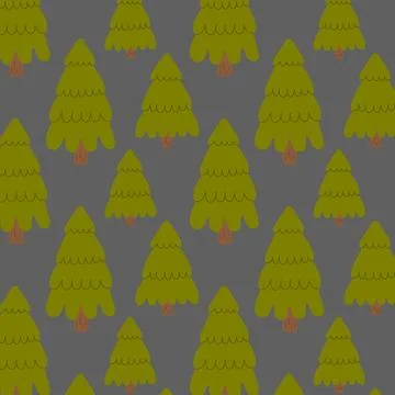Seamless pattern with hand drawn green fir trees on a gray background. Perfec Stock Illustration