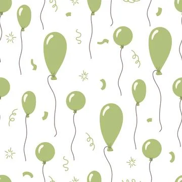 Seamless pattern hand drawn green balloons and festive confetti elements, Stock Illustration