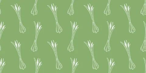 Seamless pattern with hand drawn green onions on green background Illustrazione stock