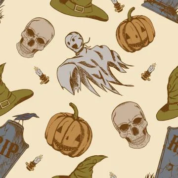 Seamless pattern with hand drawn halloween doodles Stock Illustration