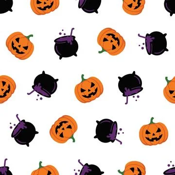 Seamless pattern with hand drawn Halloween pumpkins and witch cauldrons on .. Stock Illustration