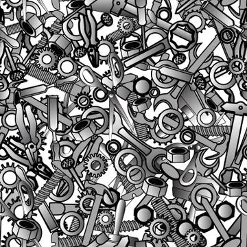 Seamless pattern with hand drawn hammer, nuts, nippers, pliers, spanner, gear Stock Illustration