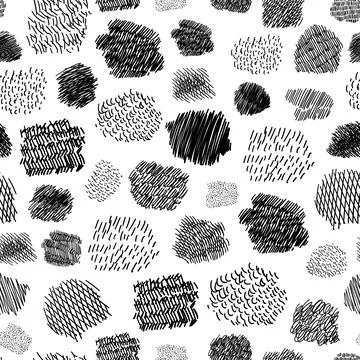 Seamless pattern of hand drawn hatched scribble symbols isolated on white. Illustrazione stock