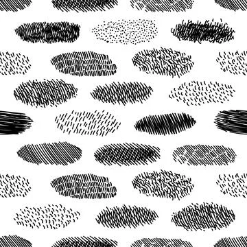 Seamless pattern of hand drawn hatched scribble symbols isolated on white. Stock Illustration