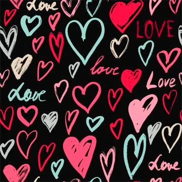 Seamless pattern with hand drawn heart. Black background Stock Illustration