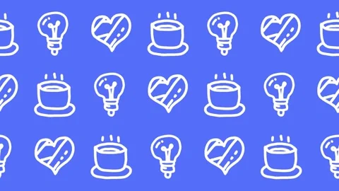 Seamless pattern of hand-drawn hearts, steaming coffee cups, and lightbulb Stock Footage 336328839
