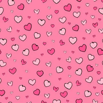 Seamless pattern hand-drawn hearts of different sizes and shapes shades of pi Illustrazione stock