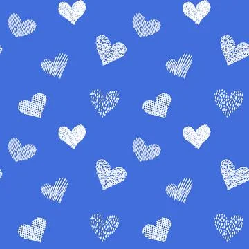 Seamless pattern with hand drawn hearts in doodle style. Blue and white colors.  Stock Illustration