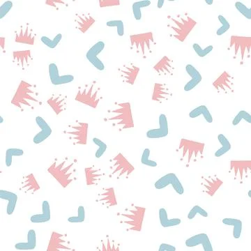Seamless pattern with hand drawn hearts and crowns. Vector randomly scattered Stock Illustration