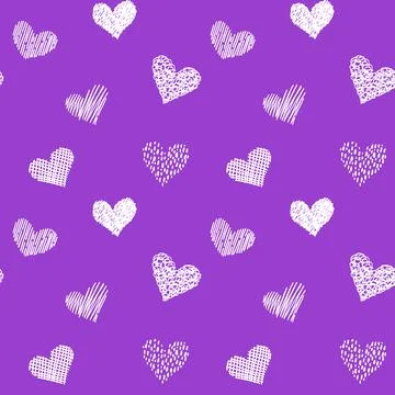 Seamless pattern with hand drawn hearts in doodle style. Purple and white colors Stock Illustration