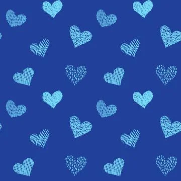 Seamless pattern with hand drawn hearts in doodle style. Blue colors. Valentine' Stock Illustration