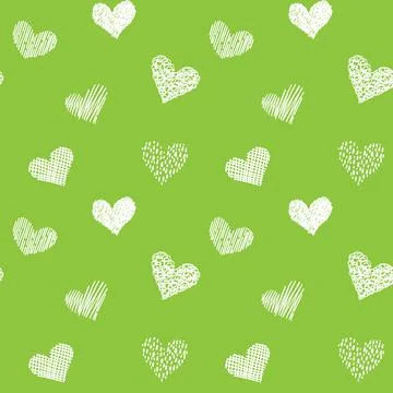 Seamless pattern with hand drawn hearts in doodle style. Green and white colors Stock Illustration