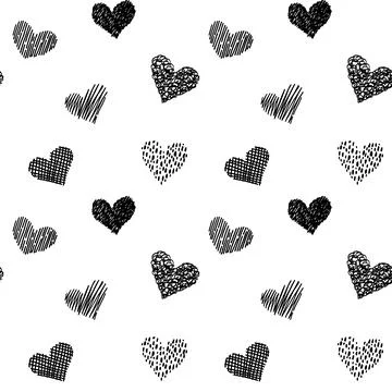 Seamless pattern with hand drawn hearts in doodle style. Black and white colors Stock Illustration