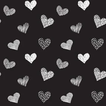 Seamless pattern with hand drawn hearts in doodle style. Black and white colors Stock Illustration