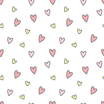 Seamless pattern of hand-drawn hearts in pink and yellow. Vector background i Illustrazione stock