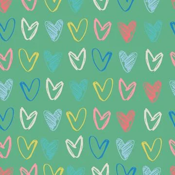 Seamless pattern with hand drawn hearts in Christmas and Valentines color c.. Stock Illustration