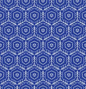 Seamless pattern hand drawn hexagon mosaic background. Geometric delft blue Stock Illustration