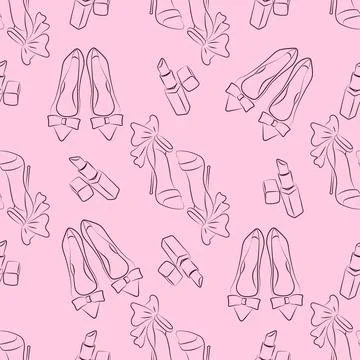 Seamless pattern with hand drawn high heel sandals, ballet flats and lipsti.. Stock Illustration