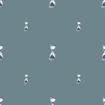 Seamless pattern with hand drawn hourglass clock elements. Pastel blue backgr Stock Illustration