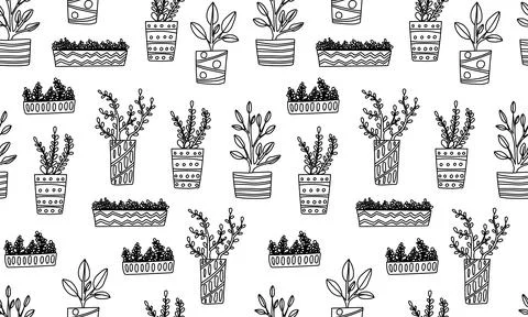 Seamless pattern with hand drawn houseplants Stock Illustration