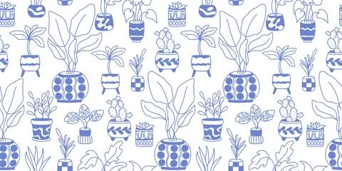 Seamless pattern with hand drawn houseplants Stock Illustration