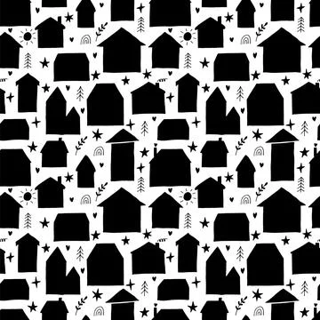 Seamless pattern with hand drawn houses, buildings. Flat style. Texture for.. Ilustración de archivo