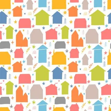 Seamless pattern with hand drawn houses, buildings. Flat style. Texture for.. Stock Illustration