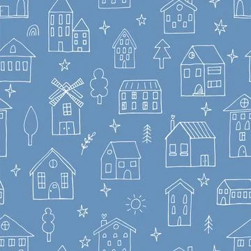 Seamless pattern with hand drawn houses. Buildings. Doodle style. Texture f.. Stock Illustration