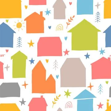 Seamless pattern with hand drawn houses, buildings. Flat style. Texture for.. Ilustración de archivo