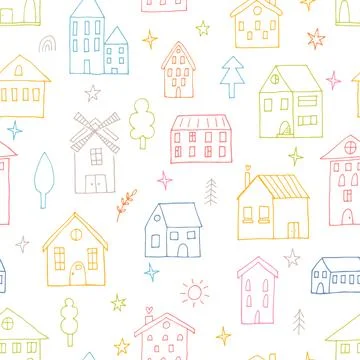 Seamless pattern with hand drawn houses. Buildings. Doodle style. Texture f.. Stock Illustration