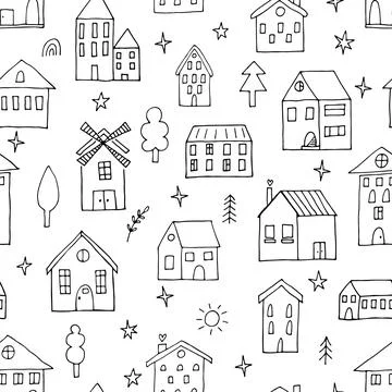 Seamless pattern with hand drawn houses. Doodle style. Buildings. Texture f.. Stock Illustration