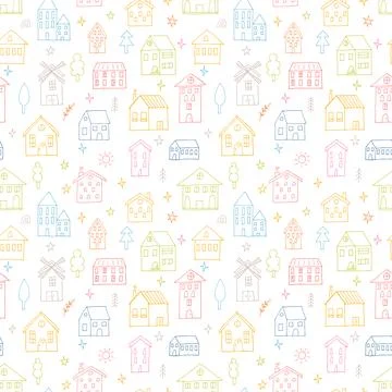 Seamless pattern with hand drawn houses. Buildings. Doodle style. Texture f.. Ilustración de archivo