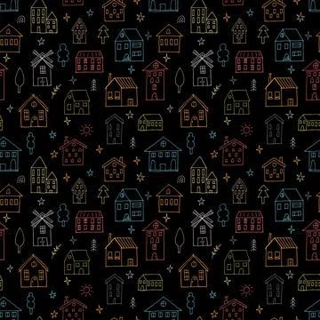 Seamless pattern with hand drawn houses. Doodle style. Buildings. Texture f.. Ilustración de archivo