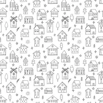 Seamless pattern with hand drawn houses. Doodle style. Buildings. Texture f.. Ilustración de archivo