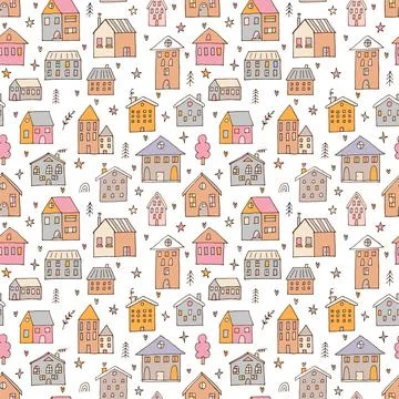 Seamless pattern with hand drawn houses. Doodle style. Buildings. Texture f.. Stock Illustration