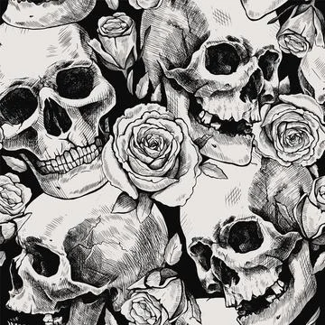 Seamless pattern of hand drawn human skulls and rose flowers. Vector graphic  Stock Illustration