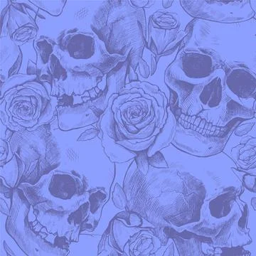 Seamless pattern of hand drawn human skulls and rose flowers. Vector graphic  Stock Illustration