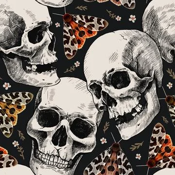 Seamless pattern of hand-drawn human skulls, flowers, and the garden tiger mo 스톡 일러스트