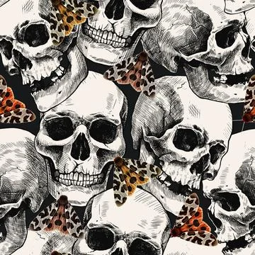 Seamless pattern of hand-drawn human skulls and the garden tiger moth or Arct Illustrazione stock