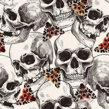 Seamless pattern of hand-drawn human skulls and the garden tiger moth or Arct Stock Illustration