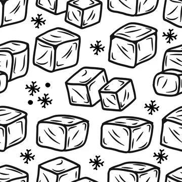 Seamless Pattern Hand Drawn Ice Cubes and Snow Flakes Line Art Background f.. Stock Illustration