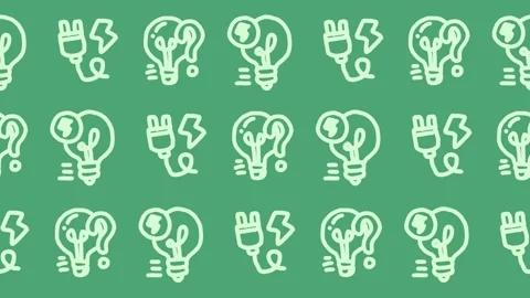 Seamless pattern of hand-drawn idea lightbulbs, electrical plugs, and question Video stock 336678217