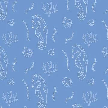 Seamless pattern with hand drawn illustration of seahorse, coral, seaweed and Illustrazione stock