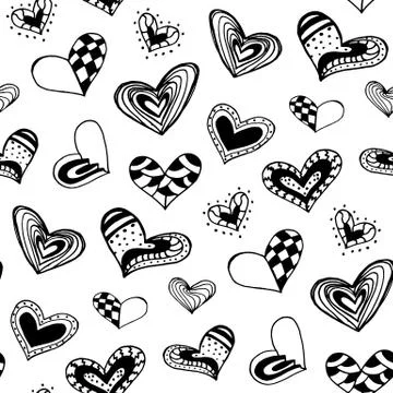 Seamless pattern with the hand drawn ink doodle hearts. Stock Illustration