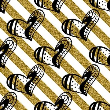 Seamless pattern with hand drawn ink doodle hearts, stripes. Stock Illustration