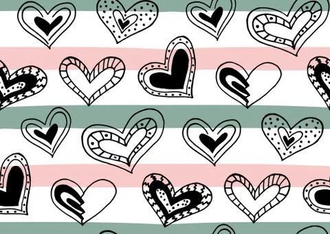Seamless pattern with hand drawn ink doodle hearts, stripes. Stock Illustration