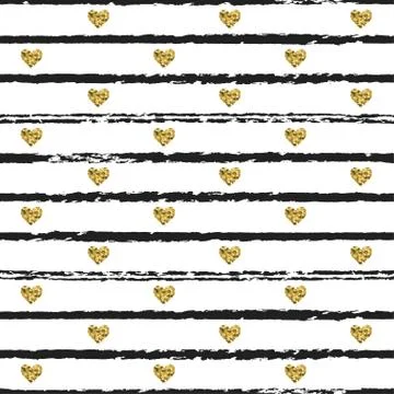 Seamless pattern with hand drawn ink lines and gold heart shapes. Ink Stock Illustration