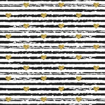 Seamless pattern with hand drawn ink lines and gold heart shapes. Ink Illustrazione stock