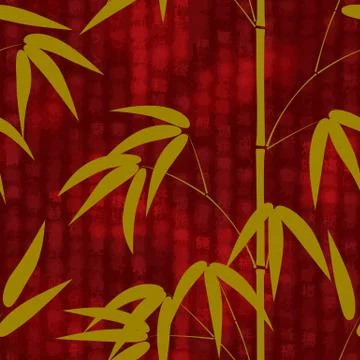Seamless pattern with hand drawn japanese style bamboo on a red background with Illustrazione stock